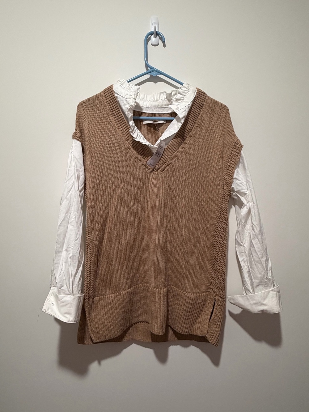 LOFT Brown V-Neck Knit Sweater Vest with attached Blouse Sleeves and Collar